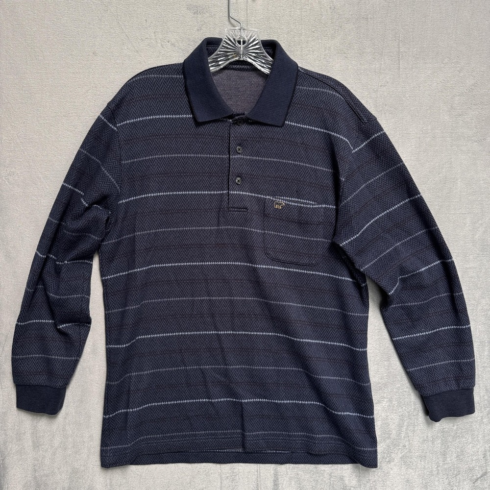 Golden Bear Polo Shirt Mens Large Blue Long Sleeve Striped‎ Knit Herringbone
